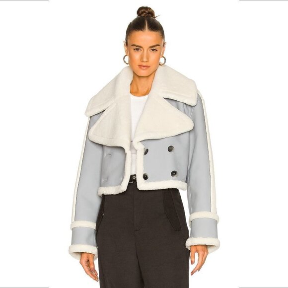 EAVES Elijah jacket coat double breast boxy gray faux leather shearling fur XXS - Picture 1 of 6